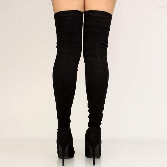 HOT🔥 Black Stretchy Over The Knee High Boots Stiletto Heel Pointed Toe Pull-On - Picture 6 of 7